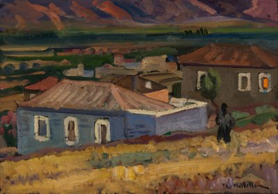 Sunset in Molaoi — Oil painting, Fiberboard, 36.00×51.00cm — Theodoros Markellos